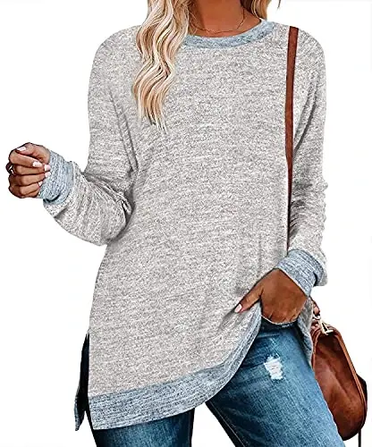WELINCO Womens Crewneck Pullovers Color Block Long Sleeve Side Split Tunic Tops - 3