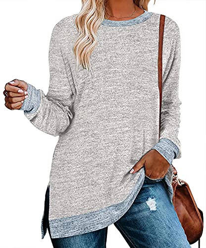 WELINCO Womens Crewneck Pullovers Color Block Long Sleeve Side Split Tunic Tops - 3