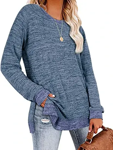 WELINCO Womens Crewneck Pullovers Color Block Long Sleeve Side Split Tunic Tops - 2
