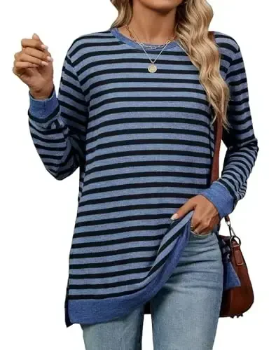 WELINCO Womens Crewneck Pullovers Color Block Long Sleeve Side Split Tunic Tops - 1