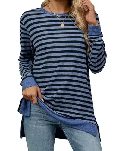 WELINCO Womens Crewneck Pullovers Color Block Long Sleeve Side Split Tunic Tops - WELINCO (1)