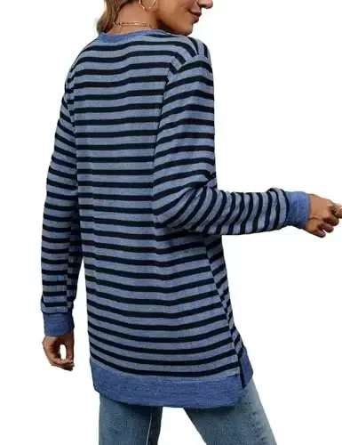 WELINCO Womens Crewneck Pullovers Color Block Long Sleeve Side Split Tunic Tops - 6