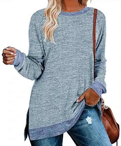 WELINCO Womens Crewneck Pullovers Color Block Long Sleeve Side Split Tunic Tops - WELINCO