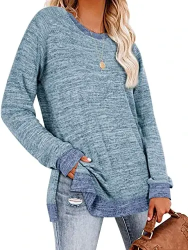 WELINCO Womens Crewneck Pullovers Color Block Long Sleeve Side Split Tunic Tops - WELINCO (1)