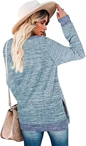 WELINCO Womens Crewneck Pullovers Color Block Long Sleeve Side Split Tunic Tops - 3