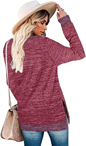 WELINCO Womens Crewneck Pullovers Color Block Long Sleeve Side Split Tunic Tops - 3