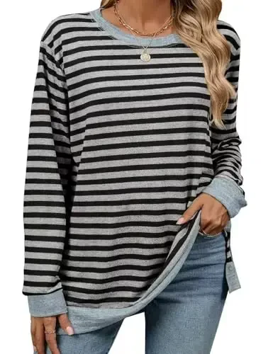 WELINCO Womens Crewneck Pullovers Color Block Long Sleeve Side Split Tunic Tops - 3