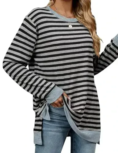 WELINCO Womens Crewneck Pullovers Color Block Long Sleeve Side Split Tunic Tops - 4
