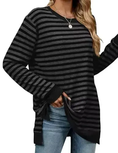 WELINCO Womens Crewneck Pullovers Color Block Long Sleeve Side Split Tunic Tops - 4