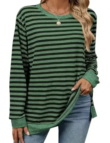 WELINCO Womens Crewneck Pullovers Color Block Long Sleeve Side Split Tunic Tops - 2