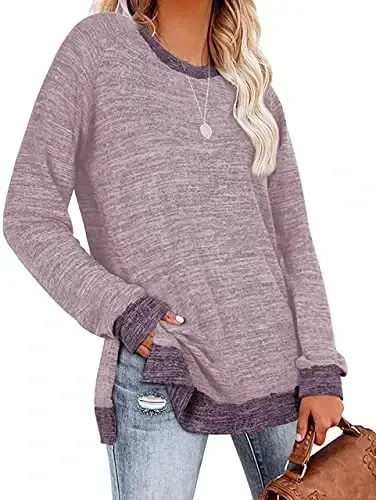 WELINCO Womens Crewneck Pullovers Color Block Long Sleeve Side Split Tunic Tops - 2