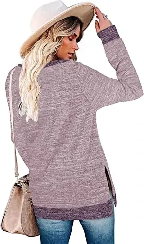 WELINCO Womens Crewneck Pullovers Color Block Long Sleeve Side Split Tunic Tops - 3