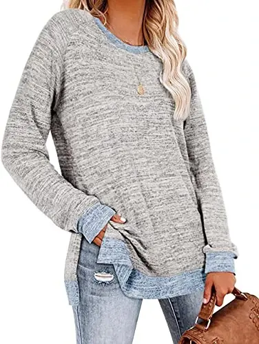 WELINCO Womens Crewneck Pullovers Color Block Long Sleeve Side Split Tunic Tops - WELINCO (1)
