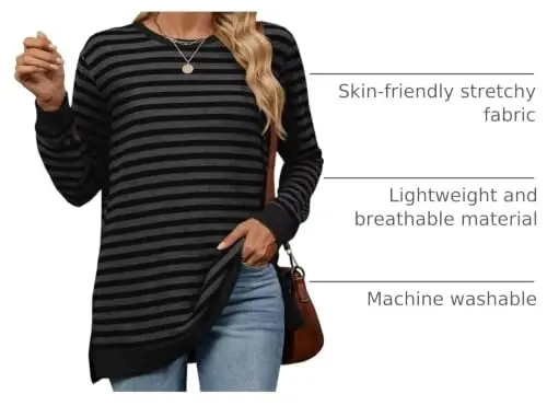 WELINCO Womens Crewneck Pullovers Color Block Long Sleeve Side Split Tunic Tops - 4