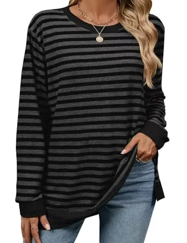 WELINCO Womens Crewneck Pullovers Color Block Long Sleeve Side Split Tunic Tops - 5