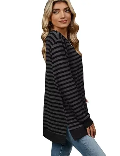 WELINCO Womens Crewneck Pullovers Color Block Long Sleeve Side Split Tunic Tops - 6