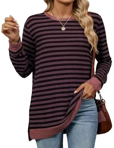 WELINCO Womens Crewneck Pullovers Color Block Long Sleeve Side Split Tunic Tops - 1