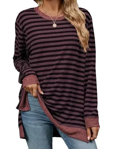 WELINCO Womens Crewneck Pullovers Color Block Long Sleeve Side Split Tunic Tops - 2