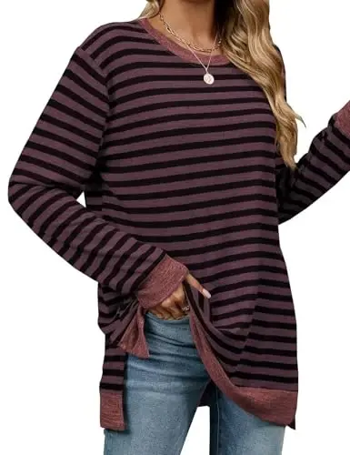 WELINCO Womens Crewneck Pullovers Color Block Long Sleeve Side Split Tunic Tops - 3