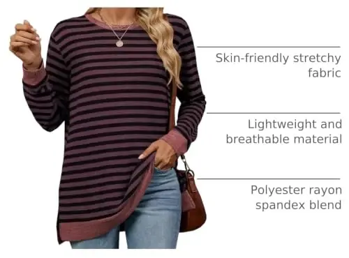WELINCO Womens Crewneck Pullovers Color Block Long Sleeve Side Split Tunic Tops - 4