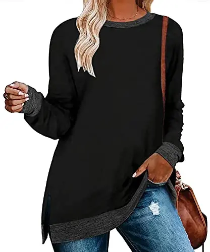 WELINCO Womens Crewneck Pullovers Color Block Long Sleeve Side Split Tunic Tops - 1