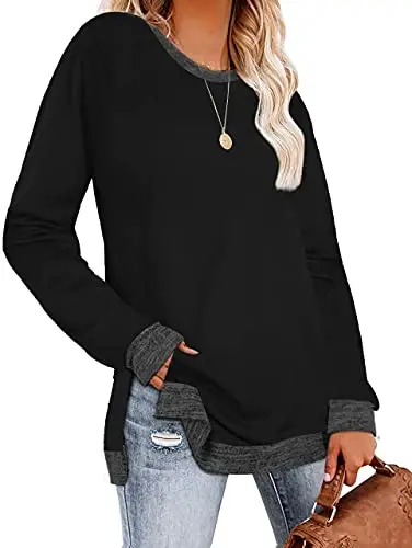 WELINCO Womens Crewneck Pullovers Color Block Long Sleeve Side Split Tunic Tops - WELINCO (1)