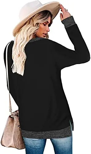 WELINCO Womens Crewneck Pullovers Color Block Long Sleeve Side Split Tunic Tops - 3