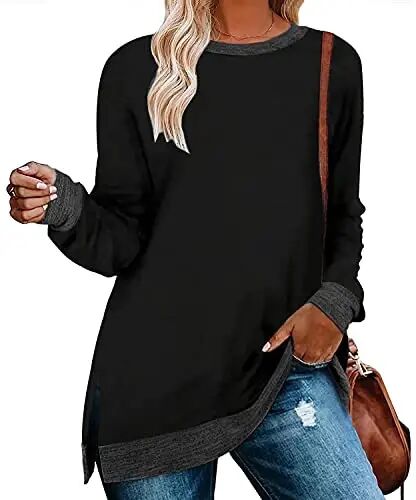 WELINCO Womens Crewneck Pullovers Color Block Long Sleeve Side Split Tunic Tops - 1