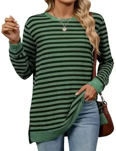 WELINCO Womens Crewneck Pullovers Color Block Uzun Yengli Yon bo'lakli Tunika Toplar - 1