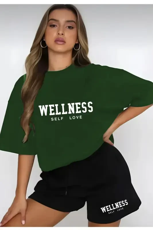 WELLNESS Комплект шорт и футболки с принтом - Зеленый - LEONE KOLEKSİYON