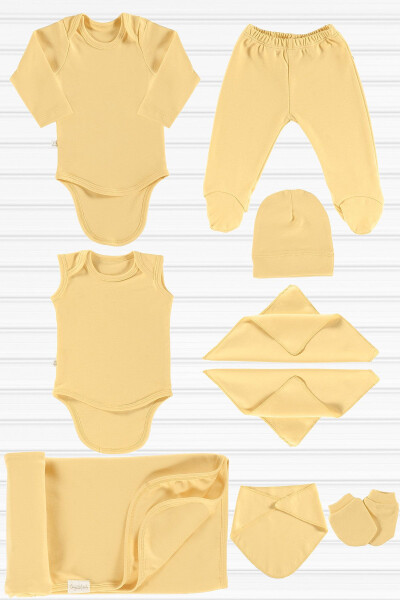 Wells Unisex 9 Piece Hospital Discharge Set Organic Cotton Newborn Outfit - Mustard - 1