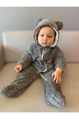 Wellsoft Peluş Unisex Fermuarlı Kışlık Bebek Uyku Tulumu Bebek Tulumu Çocuk Tulumu Çocuk Kostümü-koyu gri - 8