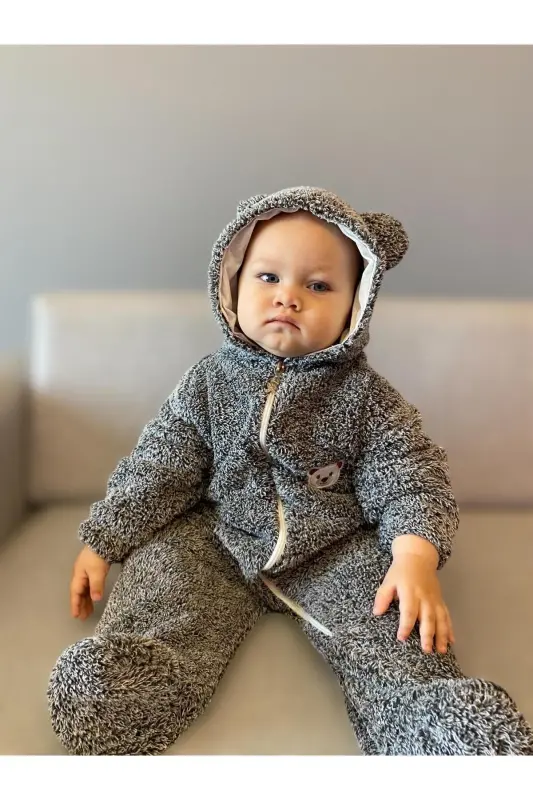 Wellsoft Peluş Unisex Fermuarlı Kışlık Bebek Uyku Tulumu Bebek Tulumu Çocuk Tulumu Çocuk Kostümü-koyu gri - 2