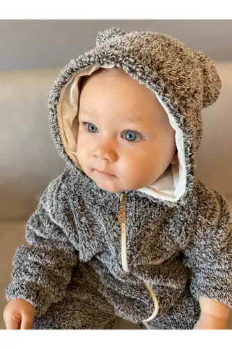 Wellsoft Peluş Unisex Fermuarlı Kışlık Bebek Uyku Tulumu Bebek Tulumu Çocuk Tulumu Çocuk Kostümü-koyu gri - 5