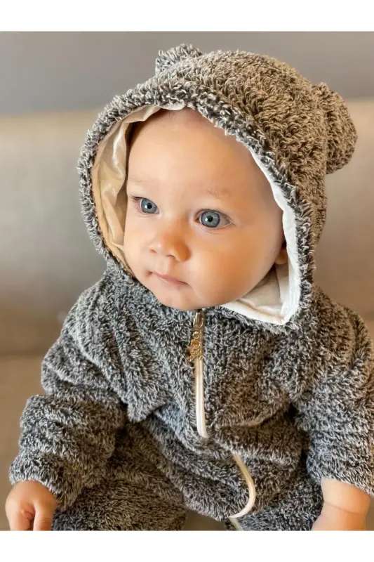 Wellsoft Peluş Unisex Fermuarlı Kışlık Bebek Uyku Tulumu Bebek Tulumu Çocuk Tulumu Çocuk Kostümü-koyu gri - 5