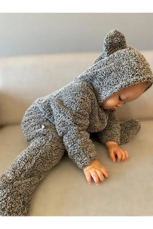 Wellsoft Peluş Unisex Fermuarlı Kışlık Bebek Uyku Tulumu Bebek Tulumu Çocuk Tulumu Çocuk Kostümü-koyu gri - 6