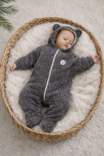 Wellsoft Peluş Unisex Fermuarlı Kışlık Bebek Uyku Tulumu Bebek Tulumu Çocuk Tulumu Çocuk Kostümü - koyu gri 