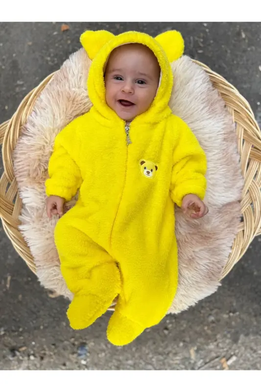 Wellsoft Peluş Unisex Fermuarlı Kışlık Bebek Uyku Tulumu Bebek Tulumu Çocuk Tulumu Çocuk Kostümü - sarı - 1