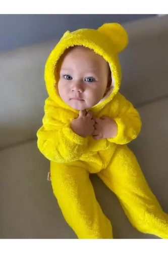 Wellsoft Peluş Unisex Fermuarlı Kışlık Bebek Uyku Tulumu Bebek Tulumu Çocuk Tulumu Çocuk Kostümü - sarı - 3