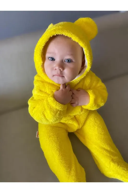 Wellsoft Peluş Unisex Fermuarlı Kışlık Bebek Uyku Tulumu Bebek Tulumu Çocuk Tulumu Çocuk Kostümü - sarı - 3