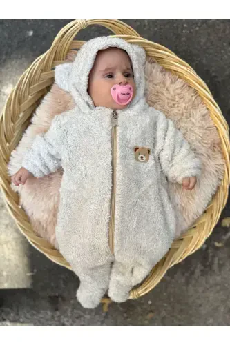 Wellsoft Peluş Unisex Fermuarlı Patikli Kışlık Bebek Uyku Tulumu Çocuk Tulumu Çocuk Kostümü-Kırçıllı Kahve - 3