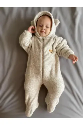 Wellsoft Peluş Unisex Fermuarlı Patikli Kışlık Bebek Uyku Tulumu Çocuk Tulumu Çocuk Kostümü-Kırçıllı Kahve - 5