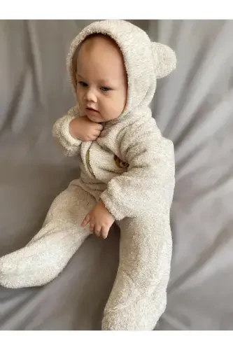 Wellsoft Peluş Unisex Fermuarlı Patikli Kışlık Bebek Uyku Tulumu Çocuk Tulumu Çocuk Kostümü-Kırçıllı Kahve - 6