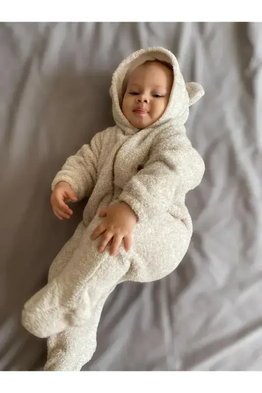 Wellsoft Peluş Unisex Fermuarlı Patikli Kışlık Bebek Uyku Tulumu Çocuk Tulumu Çocuk Kostümü-Kırçıllı Kahve - 7