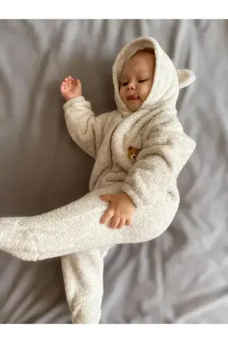 Wellsoft Peluş Unisex Fermuarlı Patikli Kışlık Bebek Uyku Tulumu Çocuk Tulumu Çocuk Kostümü-Kırçıllı Kahve - 8