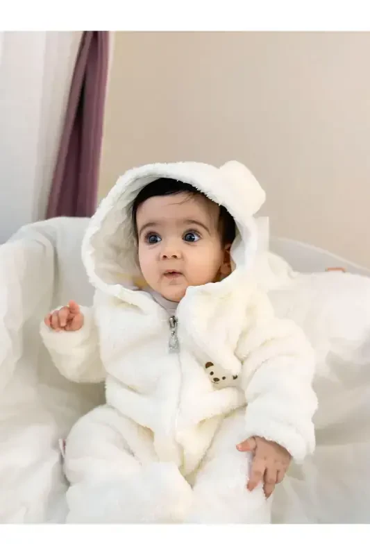 Wellsoft Peluş Unisex Fermuarlı Qishki Bolalar Uyqu Xaltasi Bolalar Tulumi Bolalar Tulumi Bolalar Kostyumi-krem - 4