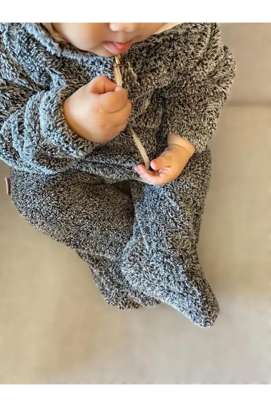 Wellsoft Peluş Unisex Fermuarli Qishki Chaqaloq Uyqu Xaltasi Chaqaloq Tulumi Bolalar Tulumi Bolalar Kostyumi-to'q kulrang - 7