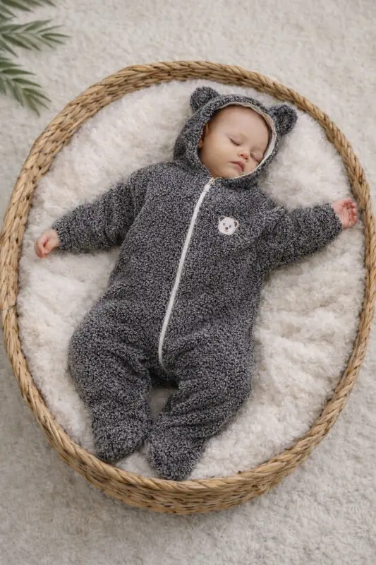 Wellsoft Peluş Unisex Fermuarli Qishki Chaqaloq Uyqu Xaltasi Chaqaloq Tulumi Bolalar Tulumi Bolalar Kostyumi-to'q kulrang - 1