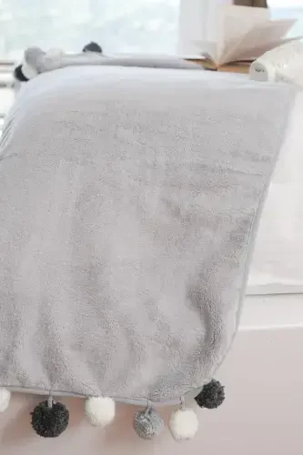 Wellsoft Pompon Scarf /shawl/etol/bed Runner-gray - 3