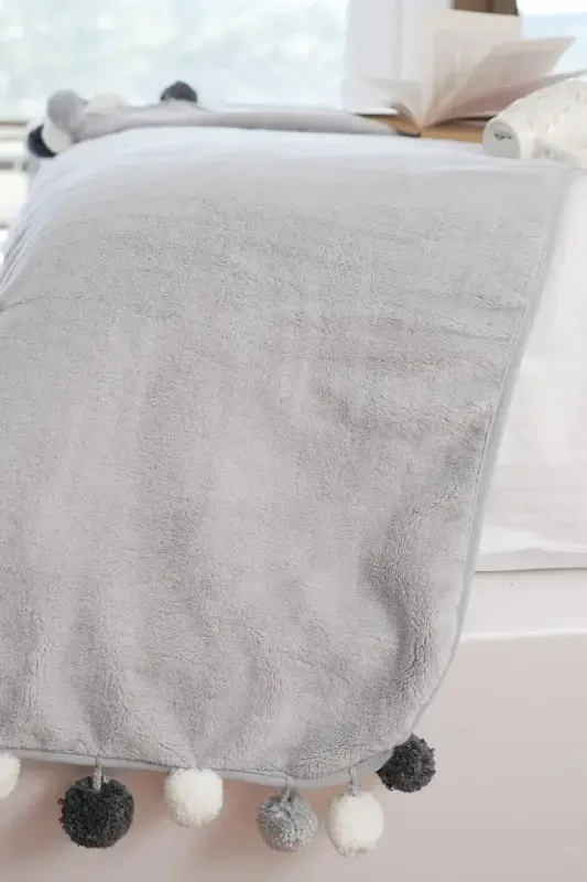 Wellsoft Pompon Scarf /shawl/etol/bed Runner-gray - 3